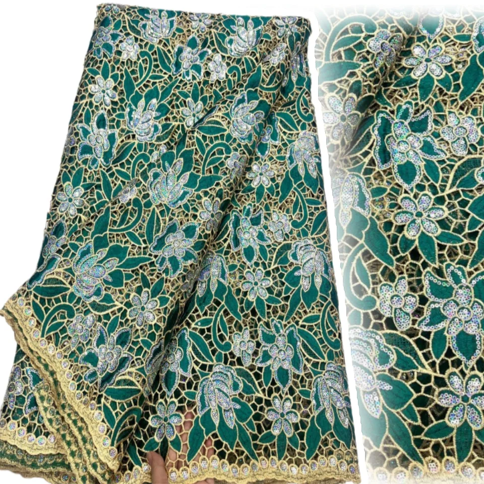 

African Bicolor Guipure Cord Sequin Lace Fabric Hollow out High Quality Water Soluble for Women Evening Dress AH1382