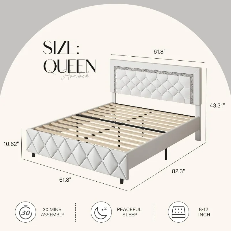 Bed Frame Upholstered Bed Frame Queen Size with Diamond Tufted Headboard Faux Leather Headboard & Footboard Wooden Slats