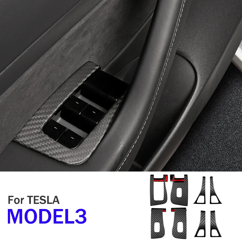 Carbon Fiber Car Door Handle Window Lift Switch Button Sticker For Tesla Model 3 Interior Frame Trim Panel Cover Accessories