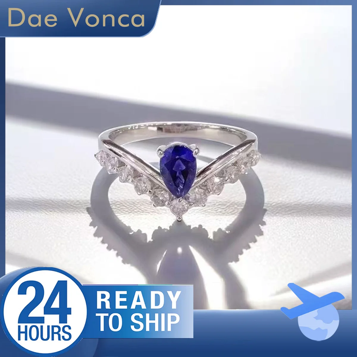 

Classic PT950 Center Stone Pear Cut Lab Grown Sapphire Accented by Round Lab Diamond V-Shaped Engagement Ring For Women