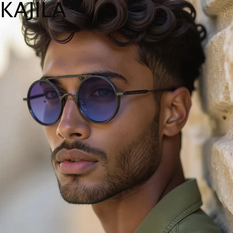 النظارات الشمسية الصغيرة المستديرة Steampunk الرجال 2025 العلامة التجارية الفاخرة خمر إطار معدني فاسق نظارات شمسية للذكور مزدوجة شعاع ظلال UV400