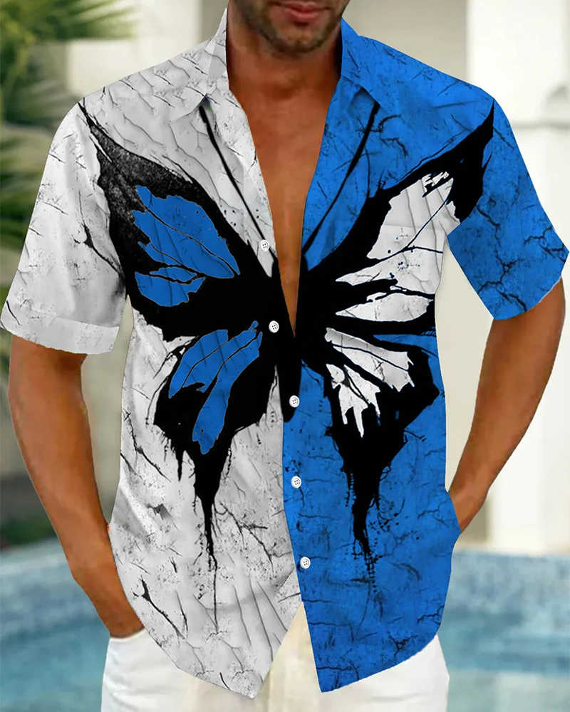 Biggmans L-9Xl for Men's Shirt Clothing Summer Hawaii Beach Butterfly Pattern Short Sleeve Blue Large Big and Tall Plus Size Top