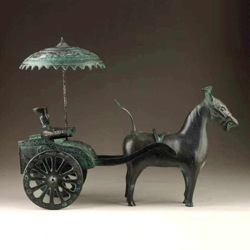 Elaborate Chinese Vintage Collection Handmade Old Bronze Vivid Unique Horsedrawn Wagons Statue Household gift decorations