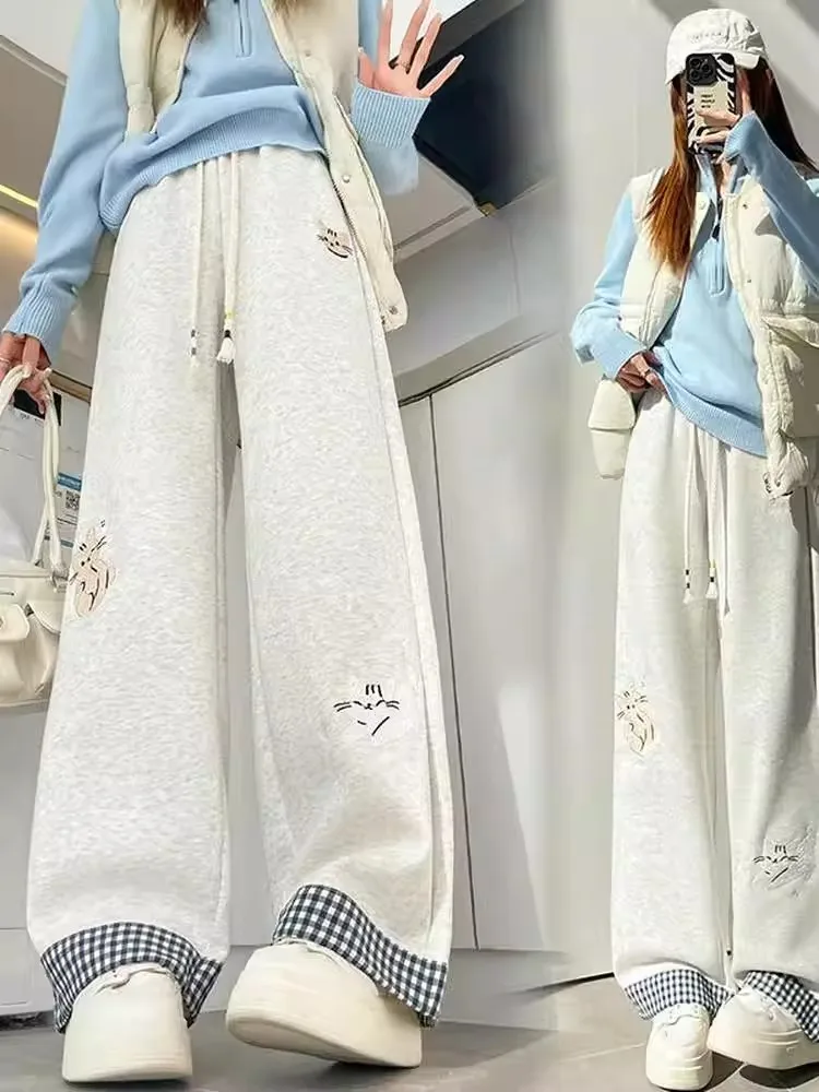 미국 만화 프린트 체크무늬 루즈핏 여성 스포츠 스웨트팬츠 가을 겨울 슬림 와이드 레그 팬츠 하이웨이스트 스트레이트...