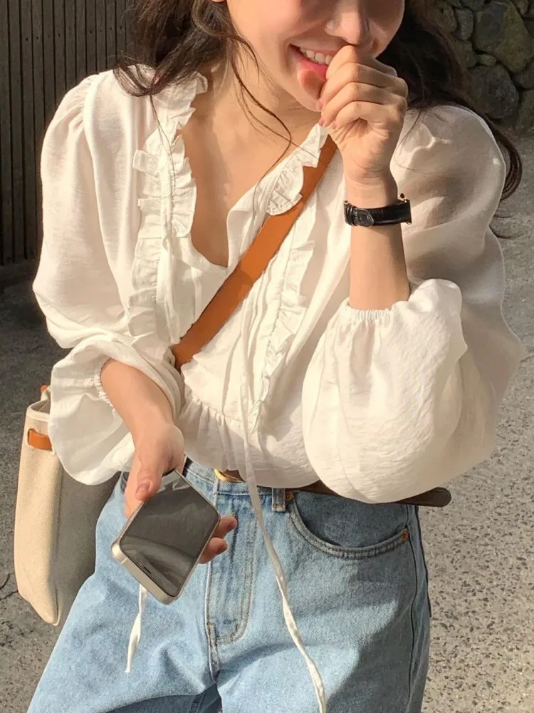 2023 Sweet Chic Shirts Lace Up Korean Fashion Women Blouses Spring Summer Elegant Lady Vintage White Tops (G3582