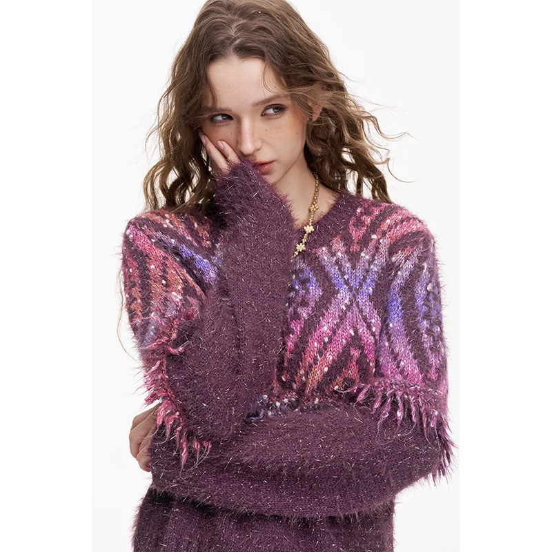 ELFSACK Y2K Suéter de cuello redondo de hilo gráfico a cuadros degradados para mujer