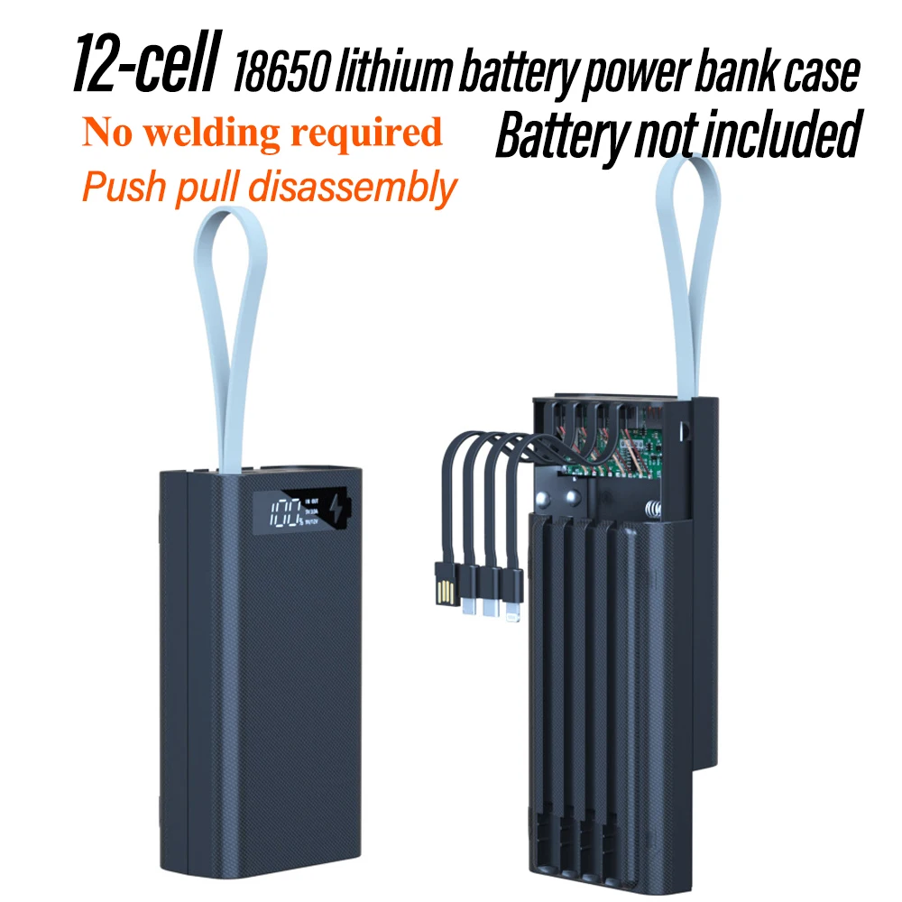12 Cell 18650 1 Second Quick Disassembly Solder-Free DIY Power Bank Kit Mobile Power Supply Battery Case With Built in 4 Cables
