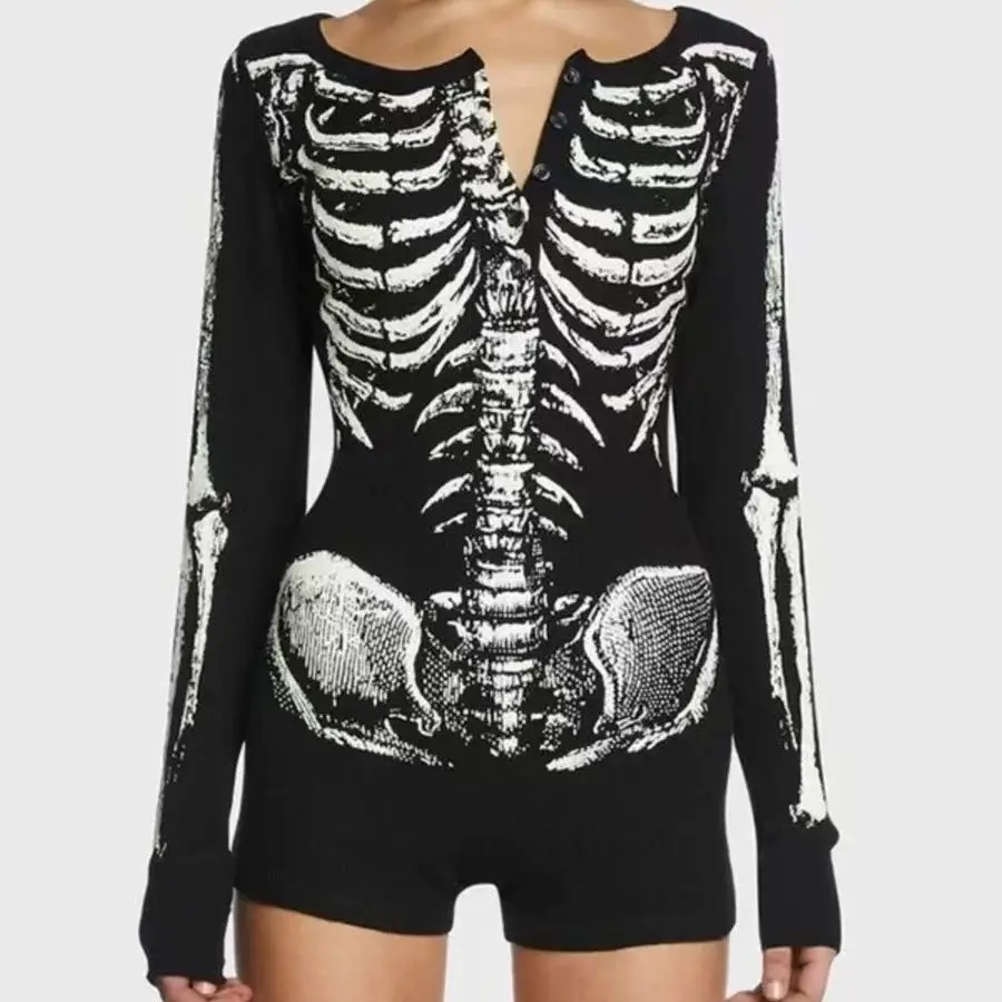 

American Retro Y2k Streetwear Dark Gothic Style Spicy Girl Corset Vintage Skull Printed Long Sleeved Punk Jumpsuit For Women