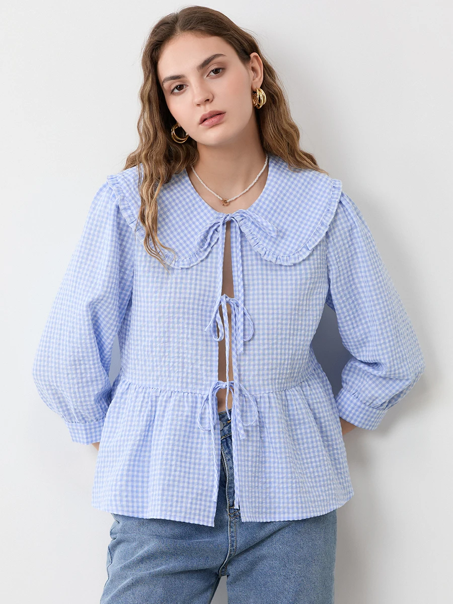 

wsevypo Ruffled Doll Collar Bow Lacing Closure Shirts Autumn Spring Plaid Print 3/4 Sleeves Loose Bodydoll Blouses Women Tops