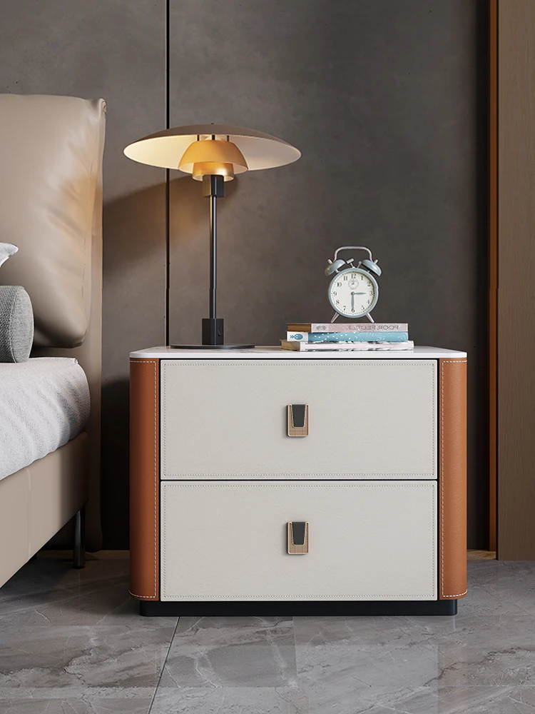 Light luxury saddle leather bedside cabinet, simple and modern solid wood two bucket cabinet, bedroom bedside storage cabinet