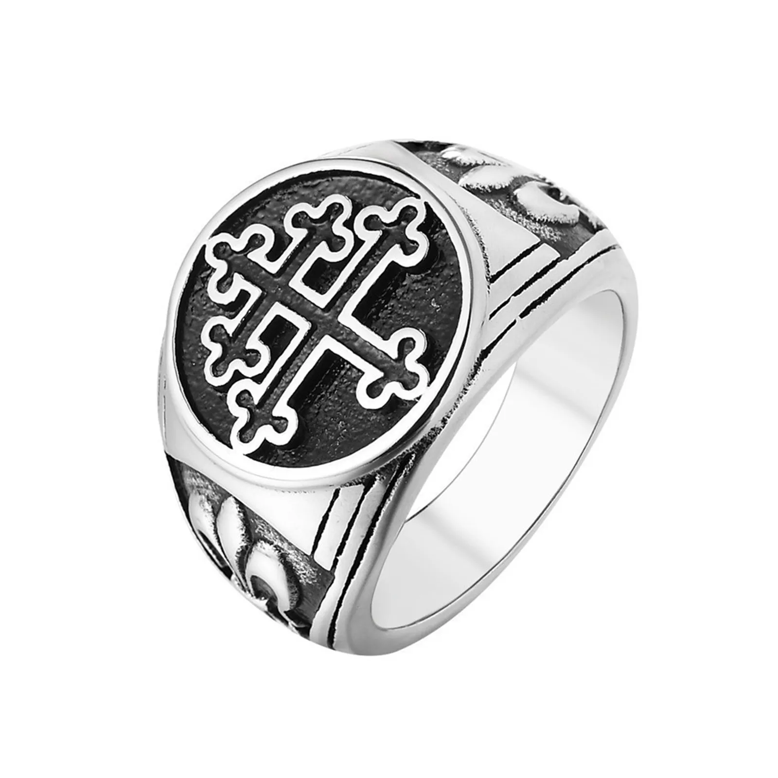 

Stainless Steel Lorraine Cross Ring with Lily Flower Fleur De Lys for Men Women Christian Religious Vintage Punk Style Vera Cruz