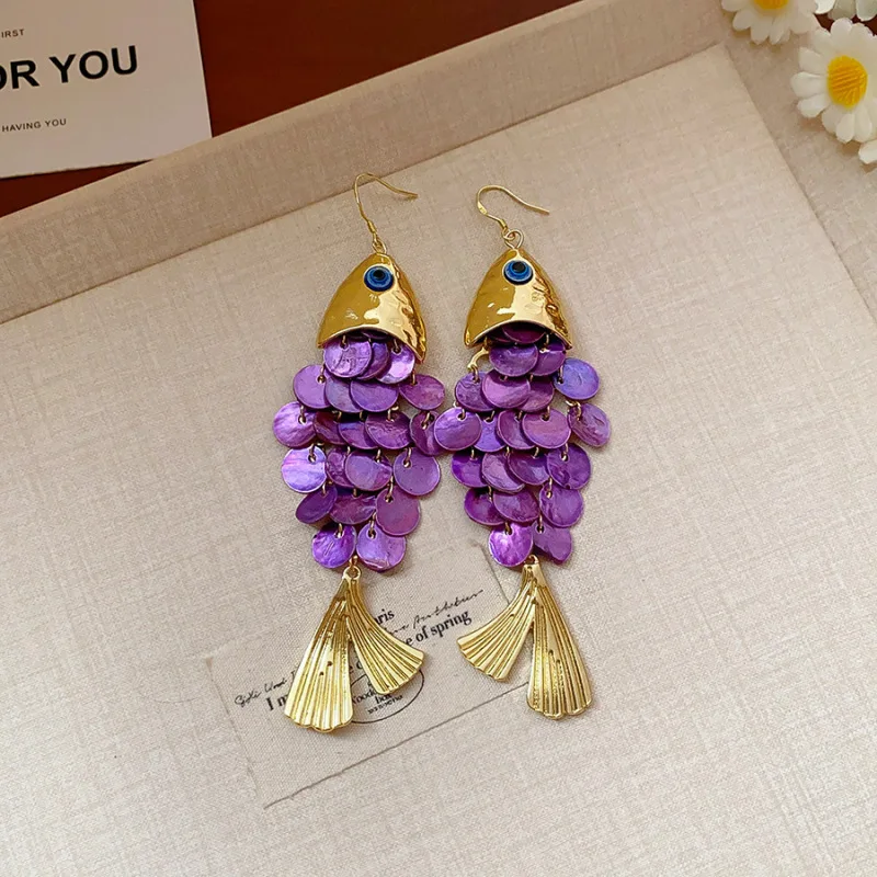 جولة الطبيعية شل استرخى أقراط رواية المحيط الأسماك شكل طويل شرابة انخفاض القرط للنساء سحر الأذن السنانير مجوهرات الحفلات K1