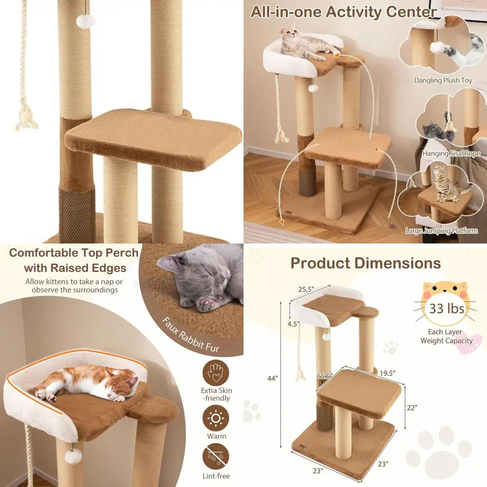 

44 Indoor Cat Tree with Multi-Level Platforms, Scratching Posts, Groomer, and Toys