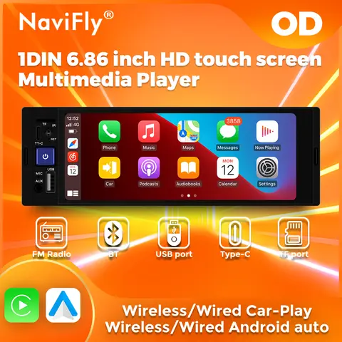 NaviFly 1 DIN 6.86 인치 범용 HD 터치 스크린 자동차 멀티미디어 비디오 플레이어 Carplay 안드로이드 자동 BT SD FM 라디오 USB Type-C TF