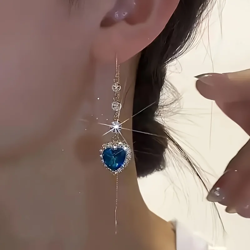 Elegant heart-shaped blue/green artificial crystal and rhinestone tassel pendant earrings for women, everyday wear jewelry, cute earrings