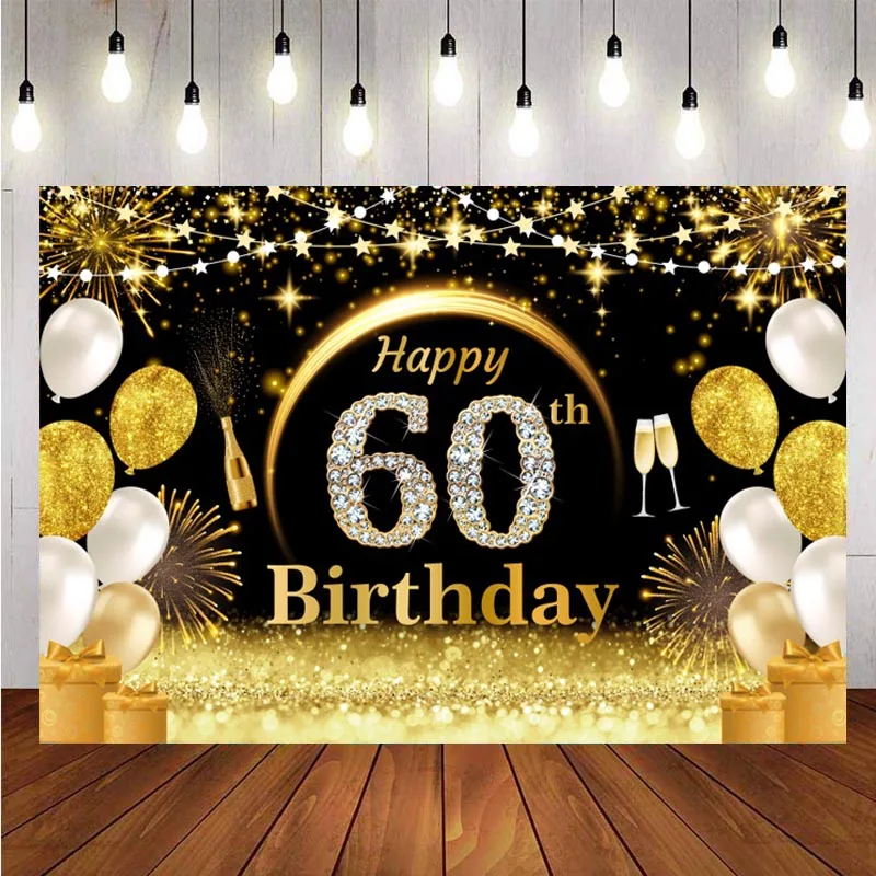 

Happy 60th Birthday Backdrop Black Gold Birthday Sign Poster Photo Background Banner For Men Women 60th Bday Anniversary Party