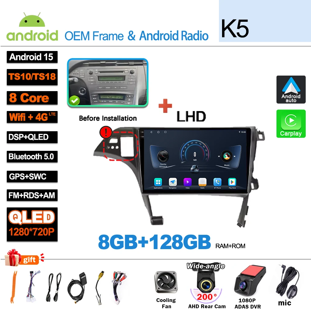 Android 16 autoradio, videomedia-speler, Carplay, GPS-navigatie voor Toyota Prius XW30 2009-2015