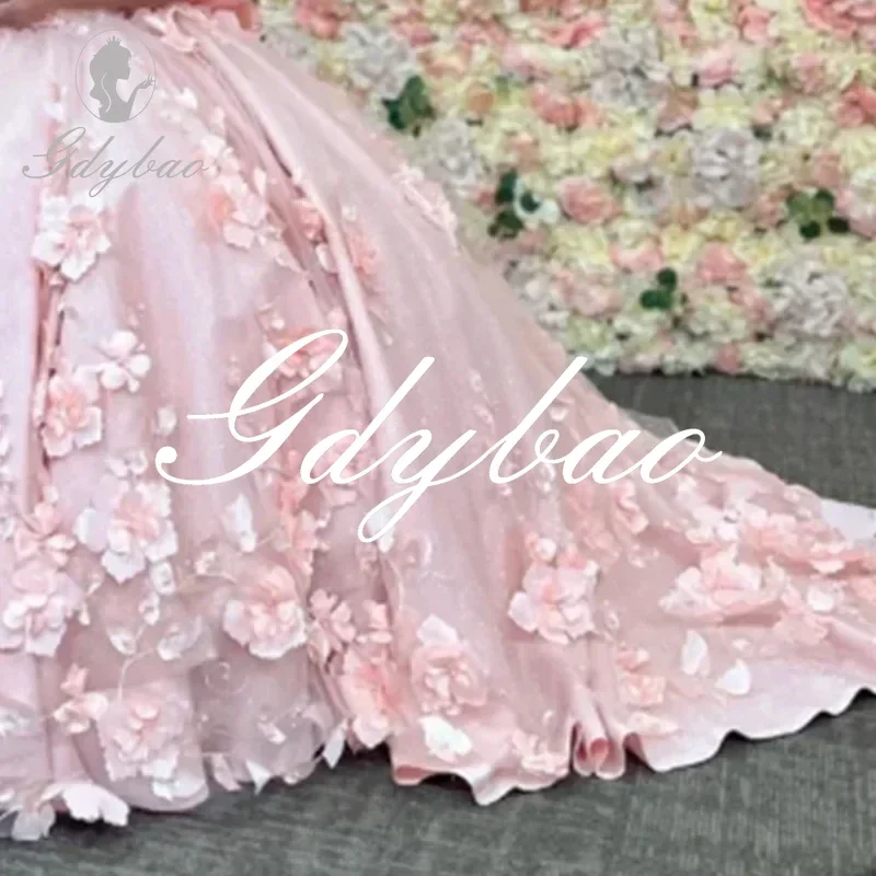 Abito da ragazza di fiori con applicazioni 3D Abito da ballo con scollo a V in tulle rosa Abito da principessa di lusso per bambini, compleanno, festa serale