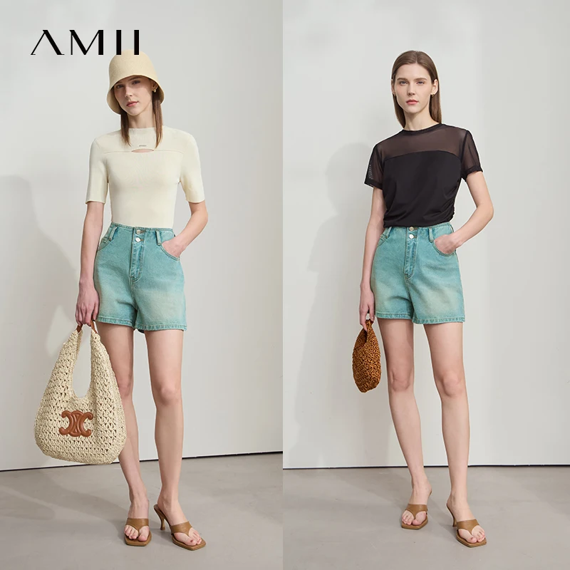 Amii กางเกงขาสั้นผู้หญิง Minimalist ฤดูร้อนใหม่อเนกประสงค์สไตล์ DENIM เข็มขัดฟรี Retro ล้างผ้าฝ้าย Casual DENIM กางเกงขาสั้น 12542225