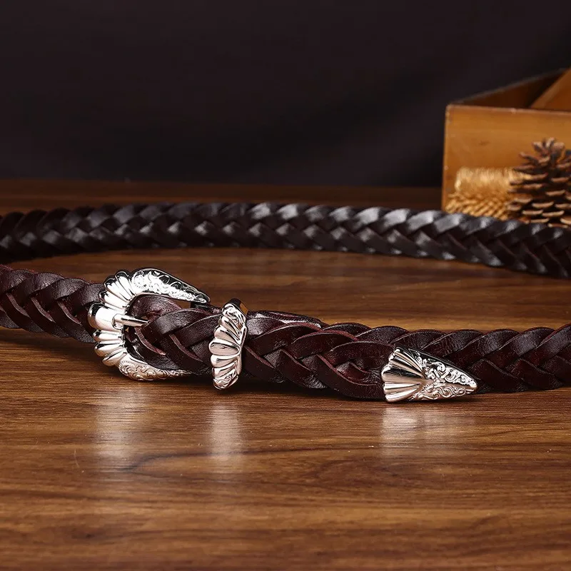 The leather top layer hand-woven belt women's design sense niche fashion casual and high-end