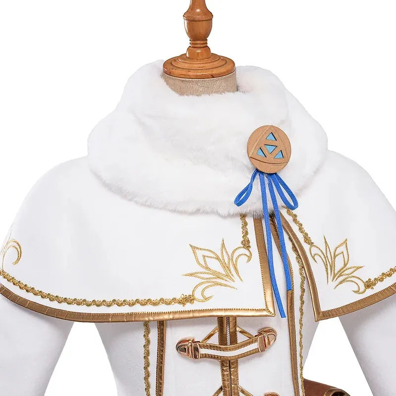 Set Kostum Aksesori Celana Selendang Kerah Kulit Jubah Mantel Putih Cosplay Anime Zelda Musim Dingin Baru