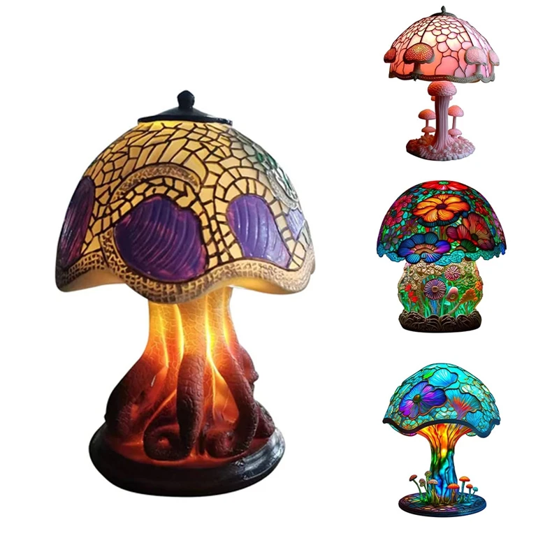 

Creative Stained Glass Mushroom Table Lamp Vintage Animal Plant Series Shaped Resin Bedroom Decora Household