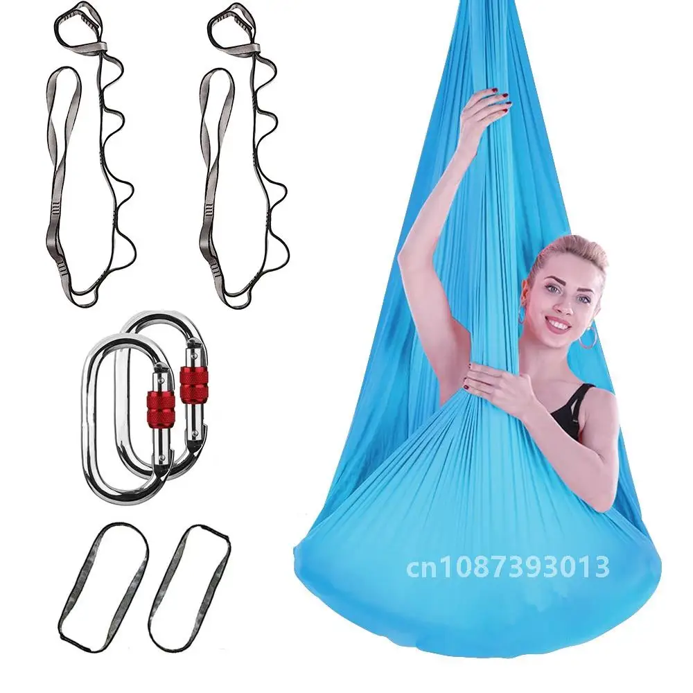 Kit tempat tidur gantung Yoga udara 4.4 yard Set ayunan Yoga peregangan rendah dengan Carabiner, rantai aster, tali O untuk olahraga kebugaran dalam ruangan