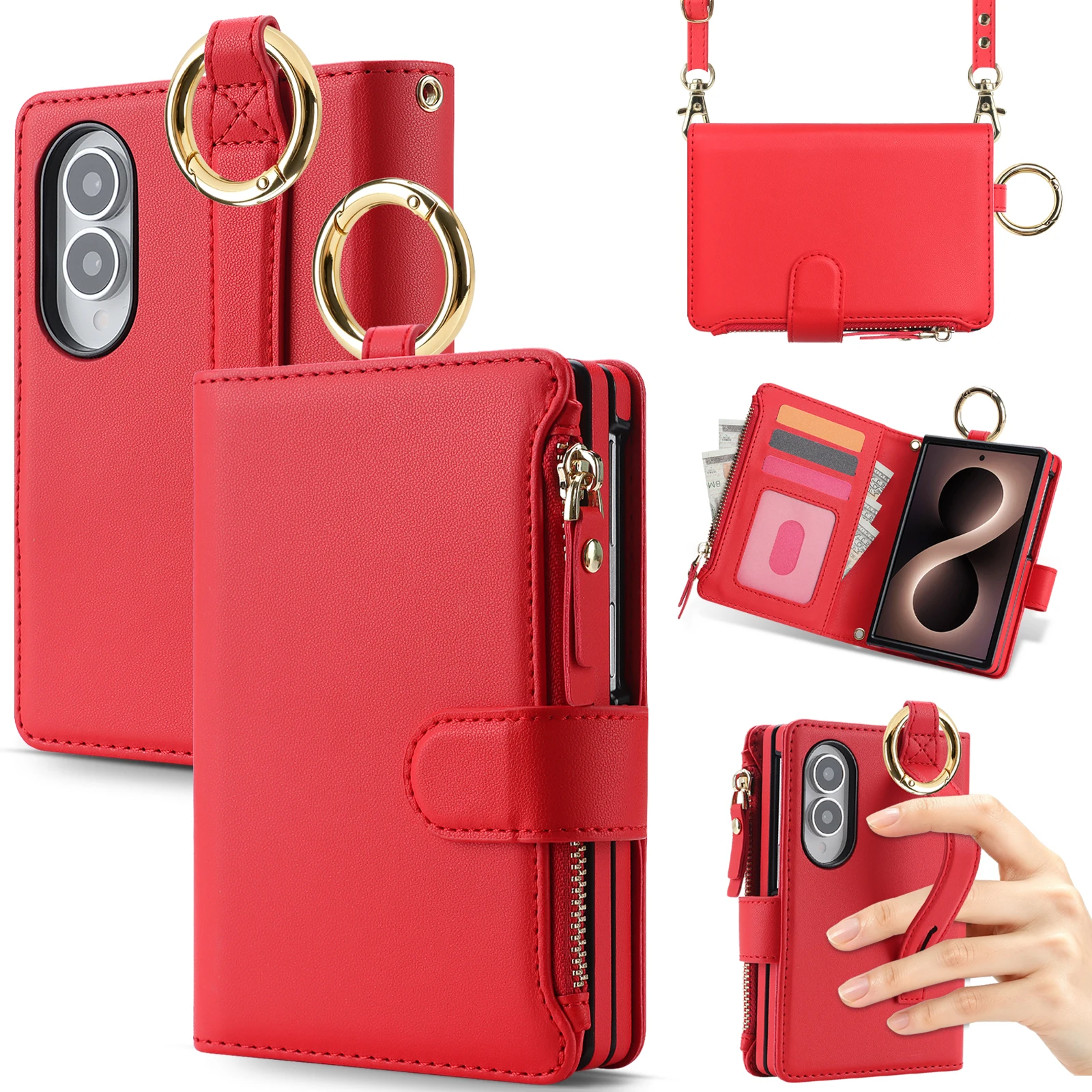 Leather Hand Strap Zipper Card Holder Wallet Phone Case For Samsung Galaxy Z Fold 8 Fold8 Ultra, Ring Holder Protection Cover