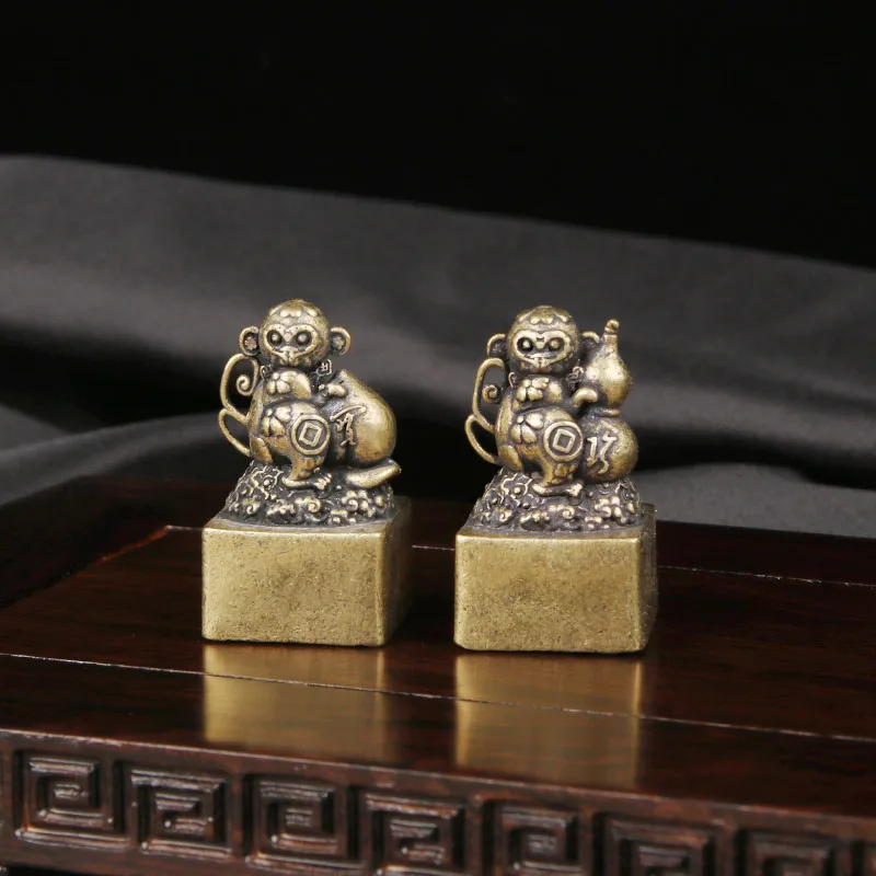 Brass Treasure Monkey Seal Desktop Ornament Antique Miscellaneous Study Use Seal Crafts Ornament Bronze Ware