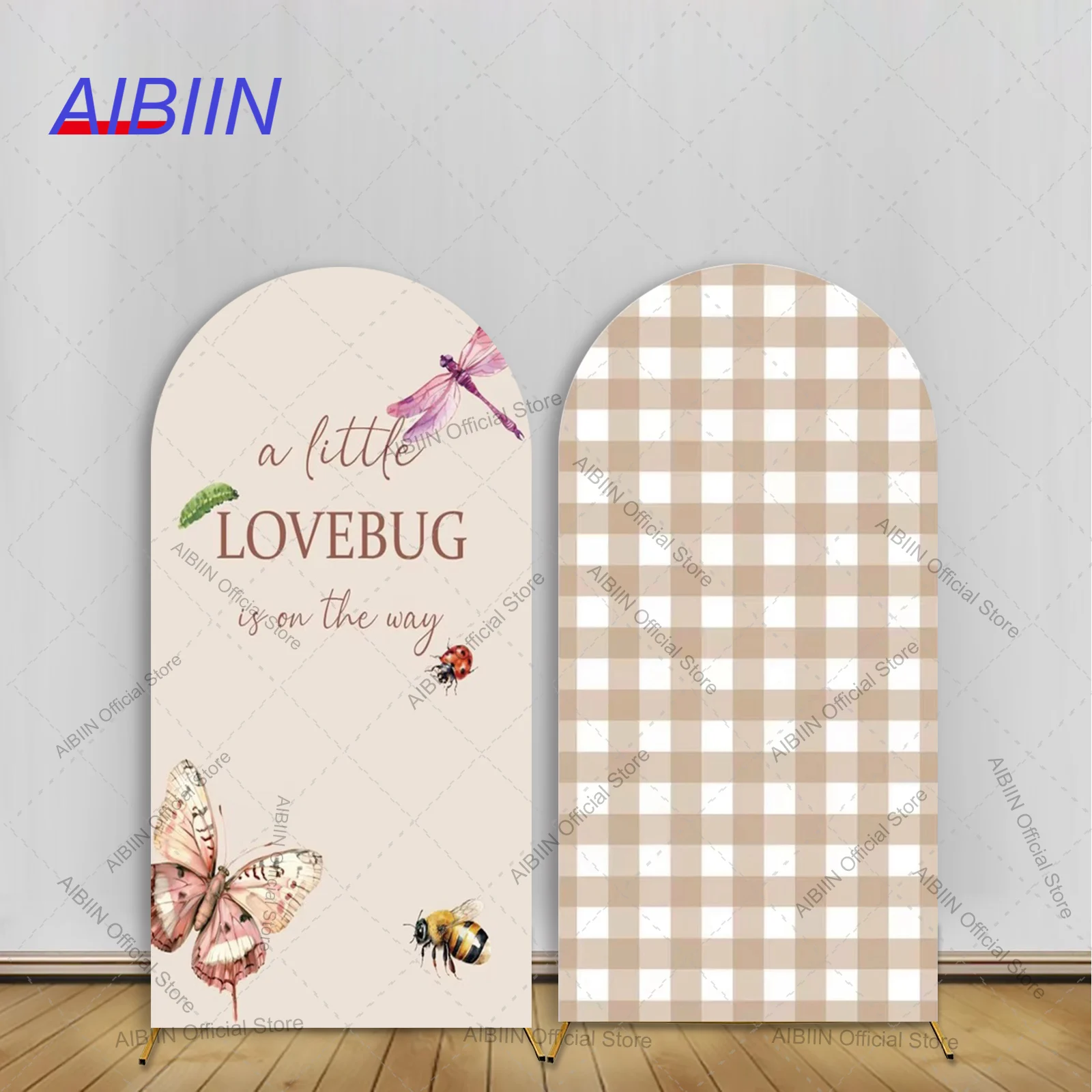 A Little Lovebug Is On The Way Baby Shower Arch Backdrop Cover Butterfly Dragonfly Insect Grid Checker Party Decor Background