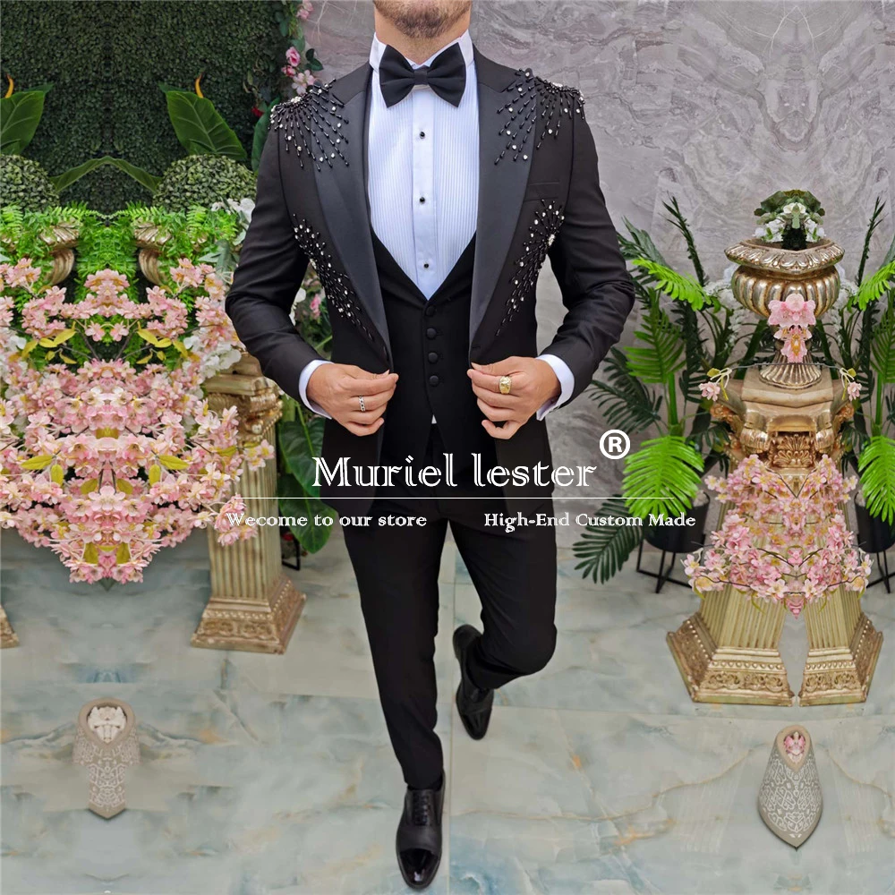 Luxury Groom Wedding Suits Slim Fit Black Beaded Stone Jacket Vest Pants 3 Pieces Formal Men\'s Tuxedos Bespoke Ceremony Clothing