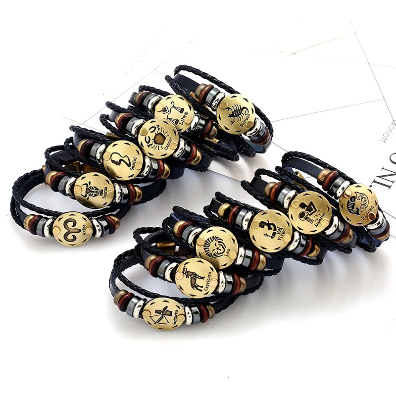 12 Constellations Fashion Jewelry Leather Bangle Bracelet Men Casual Personality Zodiac Signs Punk Men Bracelet Bangle