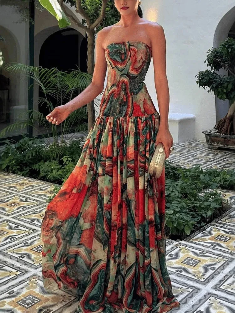 

Summer Chest Wrap Dress Slim Vestidos Dresses 2025 Woman Contrast Off Shoulder Sleeveless Vacation Temperament Vintage Printed