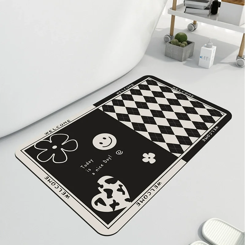 Fashion Bathroom Mat Entrance Door Water Absorbing Non Slip Shower Mat White Checkerboard Nordic Style Home Decorative Carpet