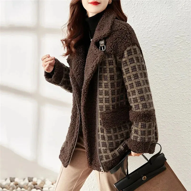 Autumn Winter Woolen Coat 2024 New Fashion Grain Fleece Warm Women\'s Cotton Coat Brown Zipper Outerwear Windbreaker Female