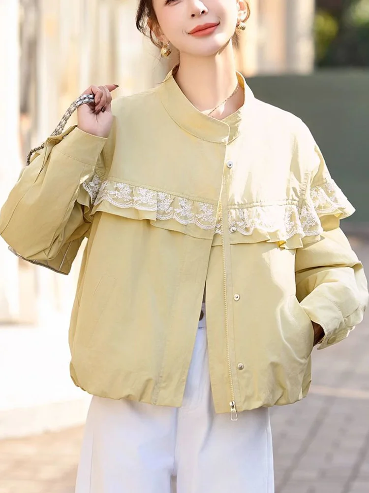

Lace Patchwork Sweet Baseball Women Loose Elegant Ruffles Long Sleeve Vintage Coat Korean Casual O Neck Female Fall Tops