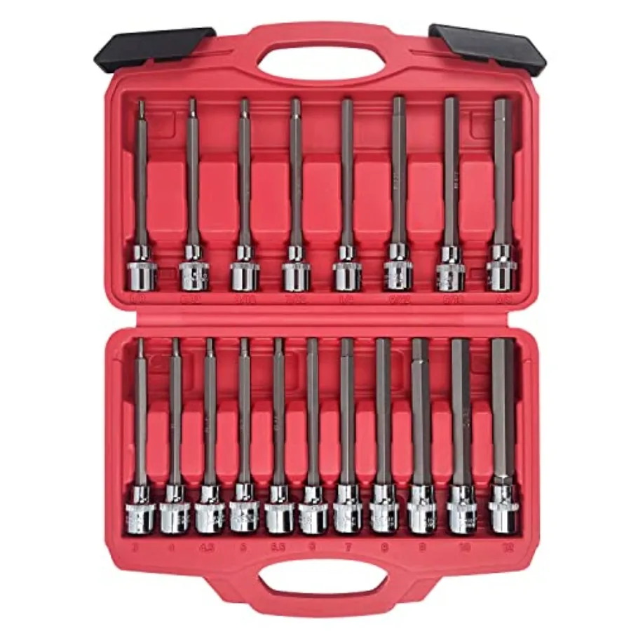 

19-Piece 3/8 Inch Drive Extra Long Allen Hex Bit Socket Set Standard SAE and Metric 1/8-Inch - 3/8-Inch 3-12mm S2 Alloy Steel N