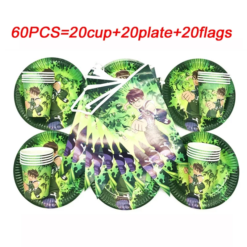 60pcs Ben-10 Theme Kids Favor Birthday Party Paper Disposable Cup+Plate+Napkin Tableware Ben Ten Party Supplies Set Decorstions