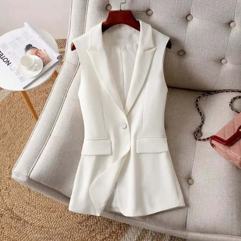 

Spring Autumn Women Vintage Long Blazer Vest Female Single Button Sleeveless Suit Jacket Ladies Solid Outwear Waistcoat Tops A47