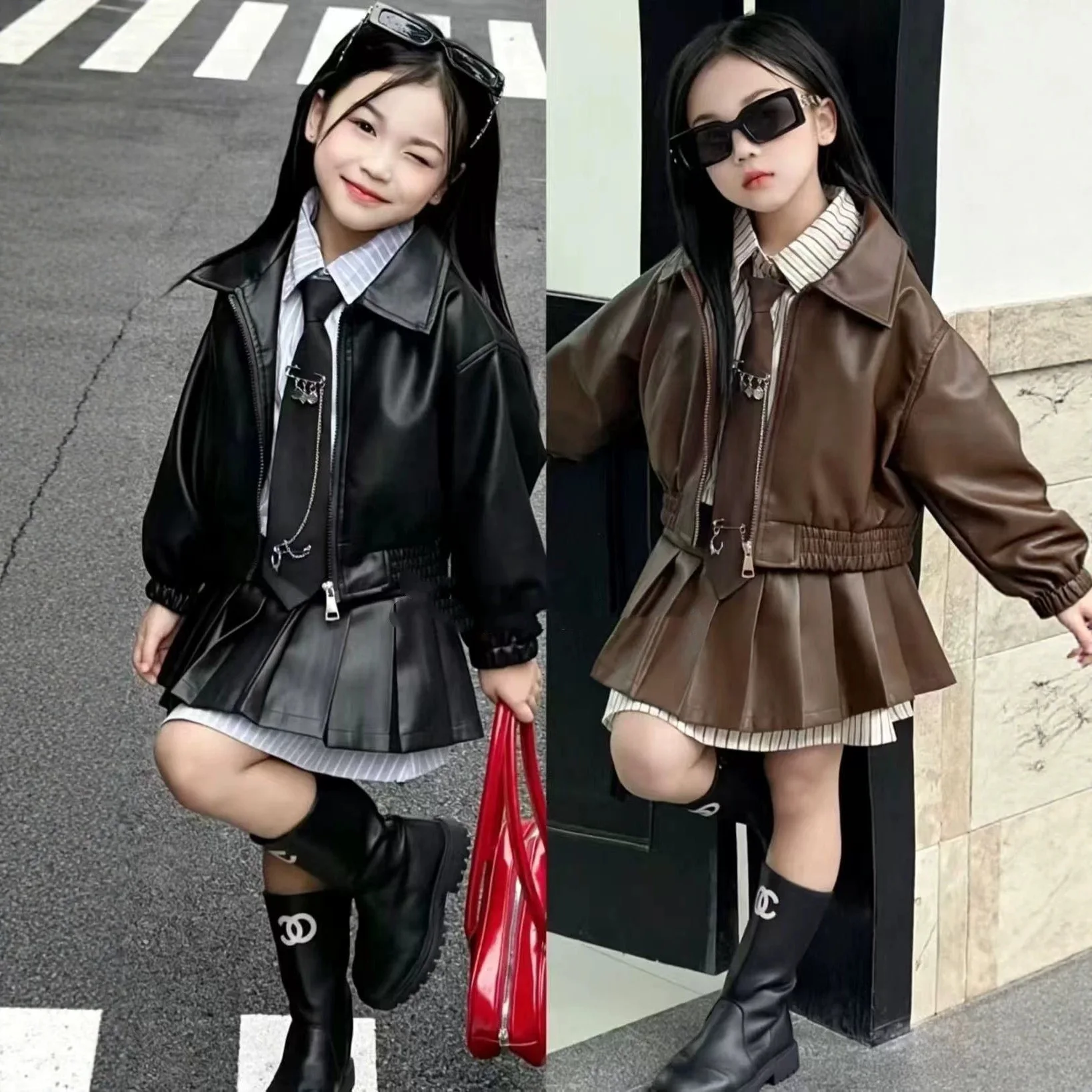 Girls' New Leather Jacket Set 2026 Stylish Fake Two-piece Jacket Casual Pleated Skirt Fashionable Two-piece Set