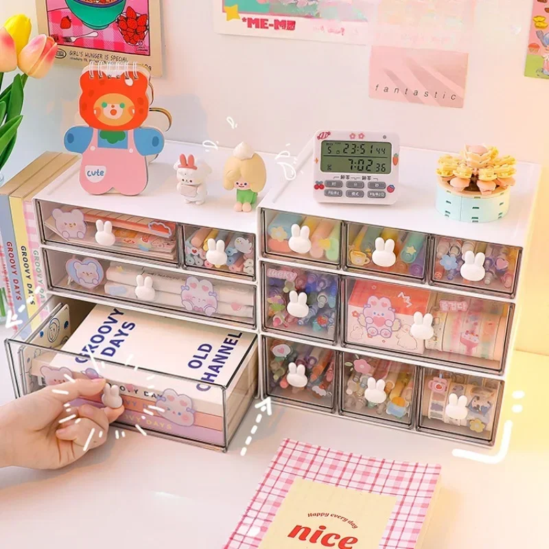 Drawer Type Desktop Storage Box Set Student Ins Stationery Transparent Acrylic Dormitory Desk Organizer Shelf Send Cute Stickers