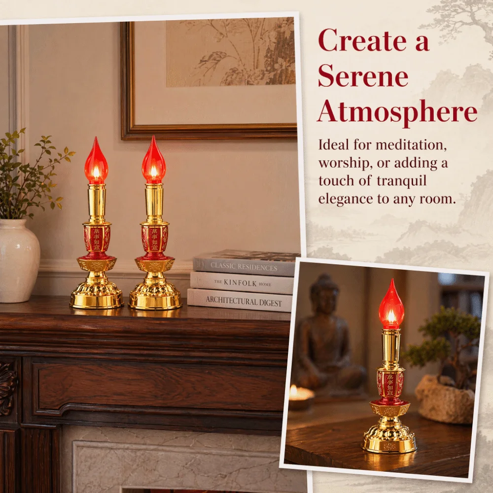 2pcs Traditional Plastic Lotus LED Decor Lamp 9.1x3 in No Power Adaptor Buddha Night Light Red Candles Ornament Light Hotel