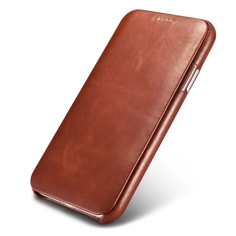 

New For iPhone X XS Max XR Curved Vintage Full Grain Genuine Leather Cowhide Flip Phone Case icarer Brand Cover Natural Cow Skin