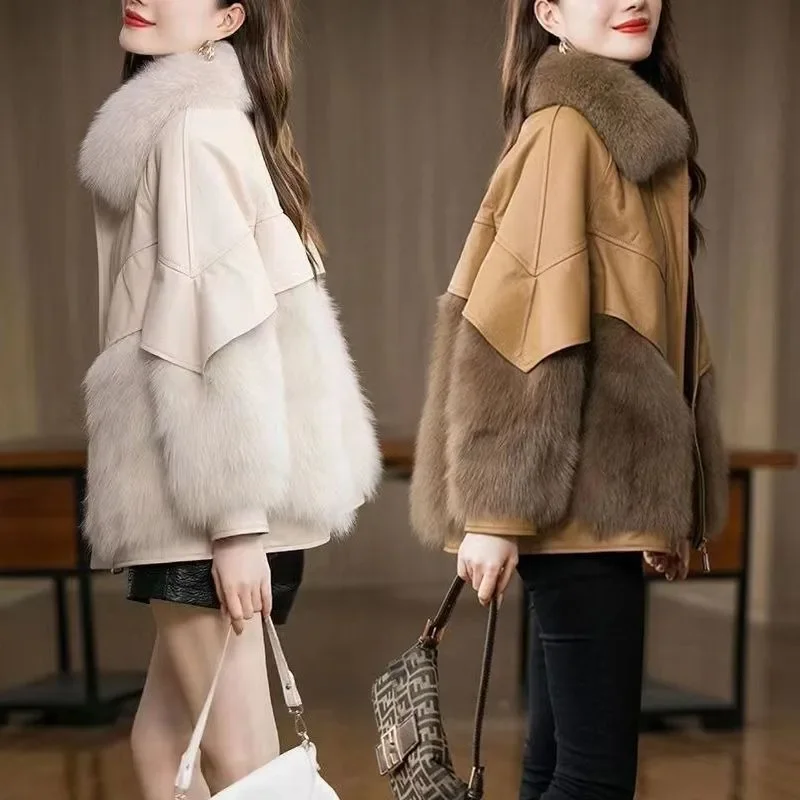 Winter New Fallow Leather Jacket Women's Dress Jacket Down Jacket Korean Version Imitation Fox Hair in One Body Fur Coat Thick