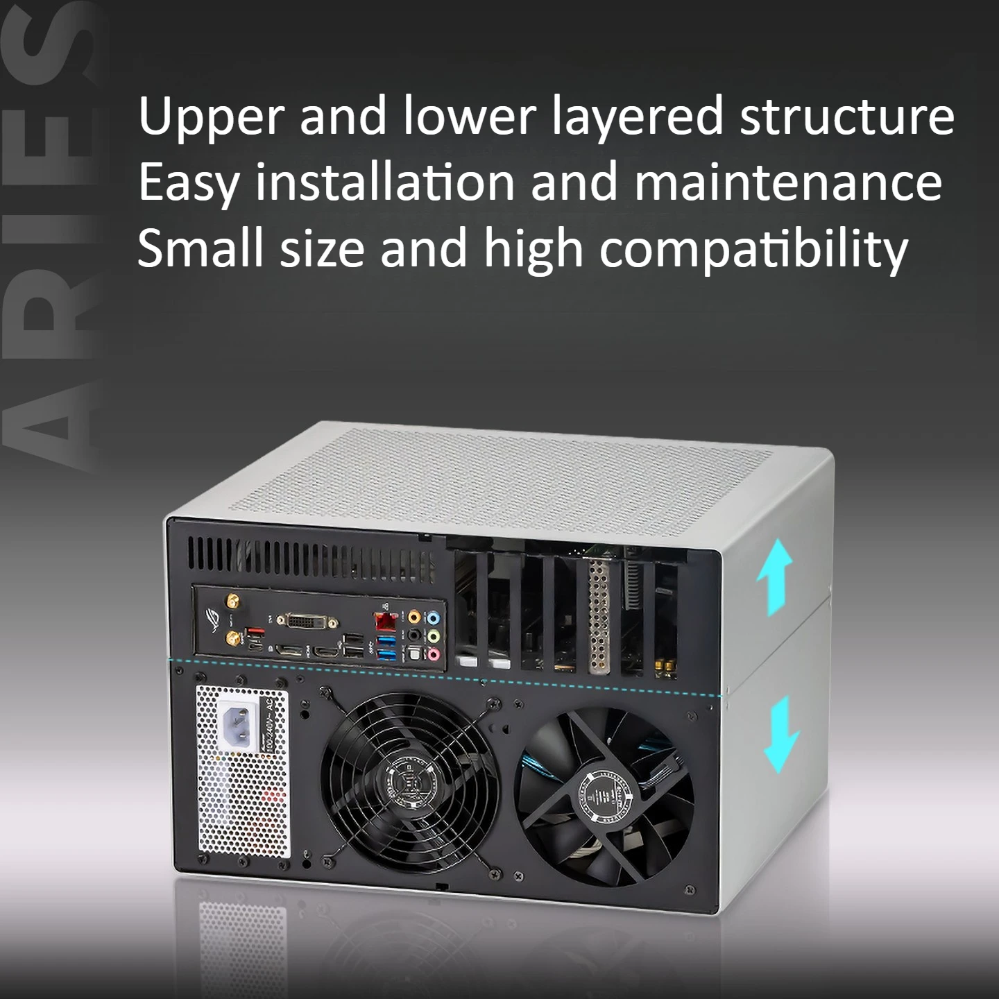 هيكل Aries 8-Bay NAS العمودي، ألومنيوم مؤكسد 2 مم، اللوحة الأم ATX |   SFX مزود الطاقة SATA/SAS لوحة الكترونية معززة