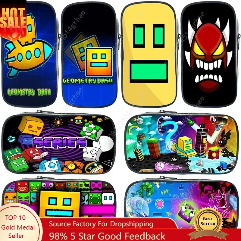 Funny Cartoon Geometry Dash Pencil Case Makeup Box High Capacity Pencil Bag Students School Supplies Stationery Bag Kids Gifts