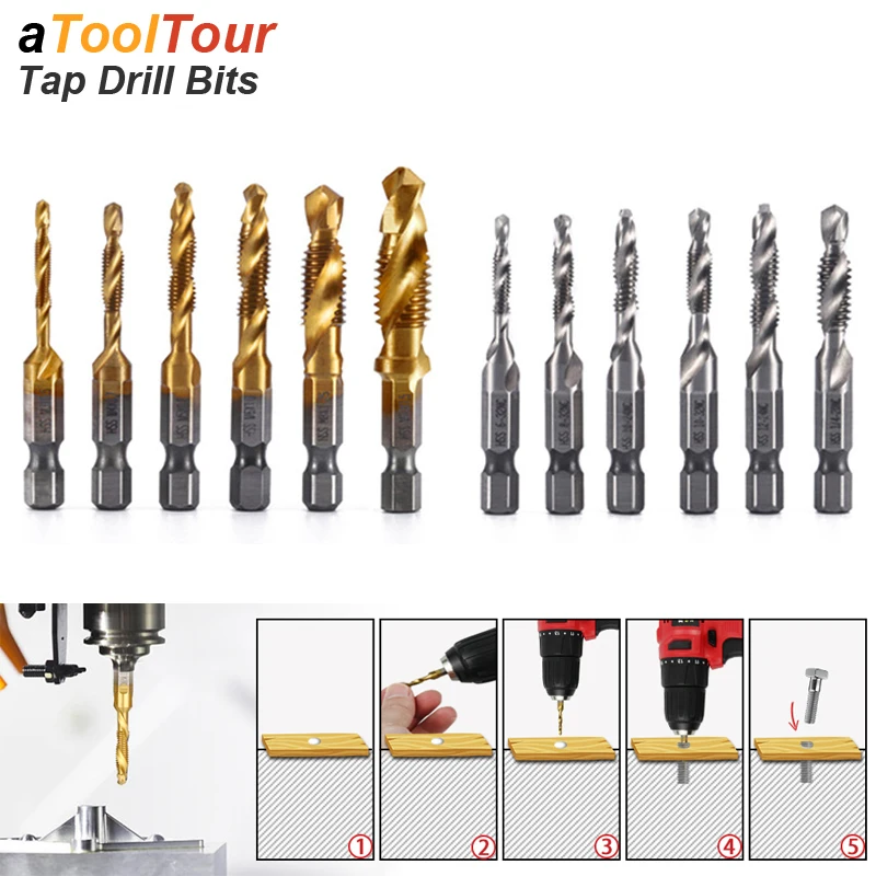 

Tap Drill Bit Set Screw Thread Titanium Plated Hex Shank HSS Spiral Flute Compound Combination M3 M4 M5 M6 M8 M10 For Wood Metal