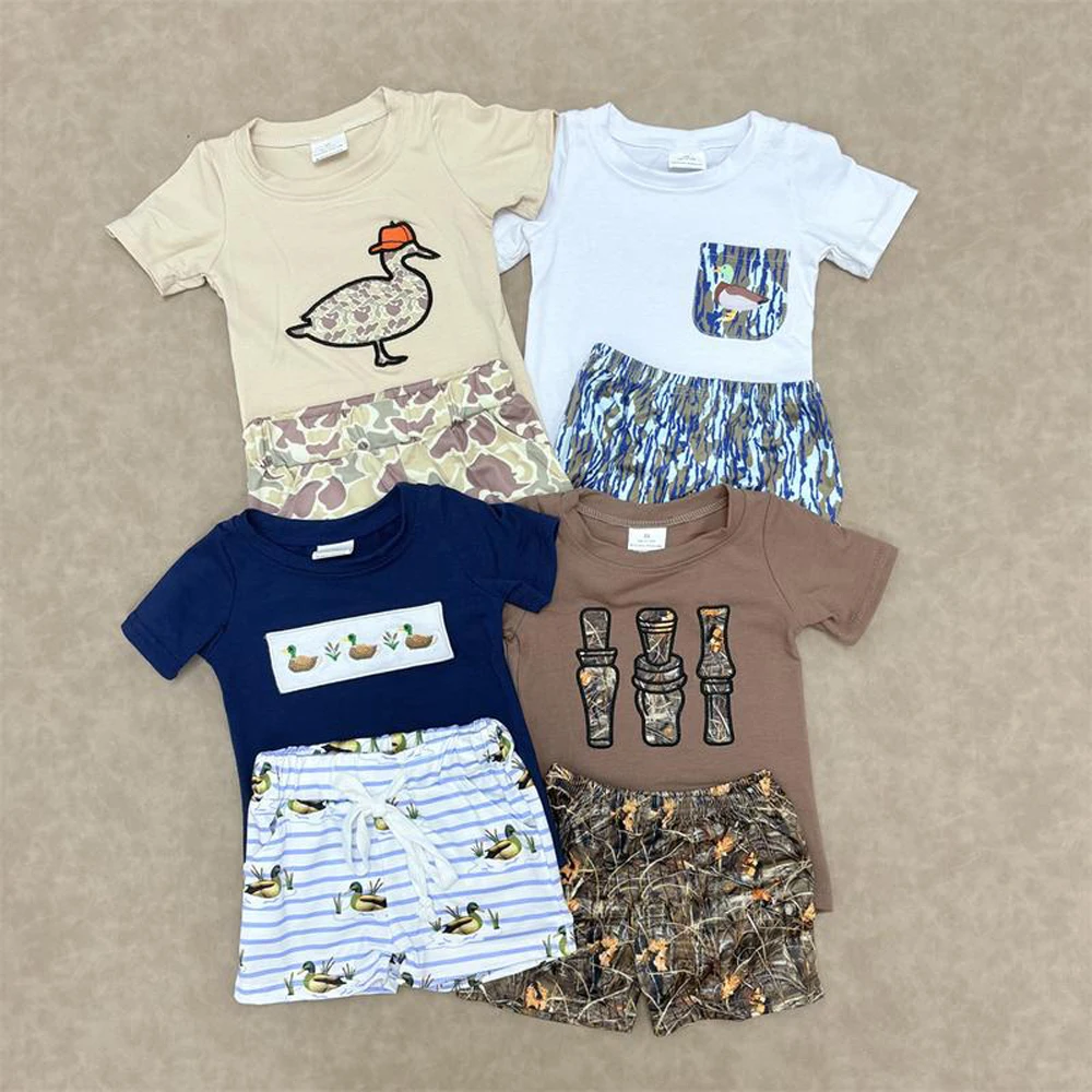 z1015-12 BSSO0781 Wholesale summer Matching kids clothes boys embroidery duck short sleeve shorts sets Boutique baby boy clothes