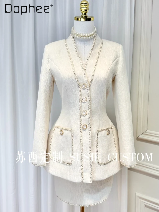 

High-end Elegant Socialite Style V-neck Gold Thread Woven Edge Pocket Fine Shiny Woolen Coat High Waist Mini Skirt Evening Dress