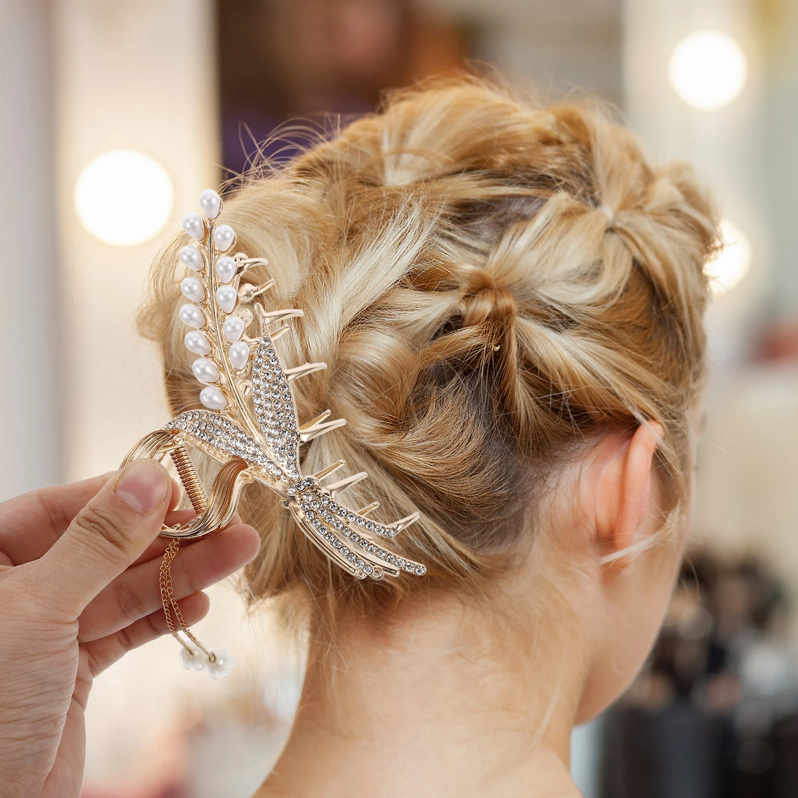 

Pearl Tassel Hair Non-Slip Floral Hair Clips Elegant Rhinestone Ear Of Wheat Metal Claw Clips Sturdy Zinc Alloy Ponytail